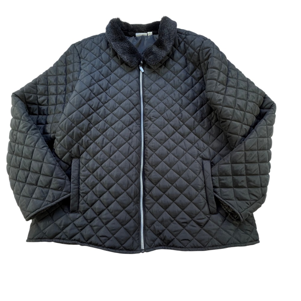 Kim Rogers Curvy Black Quilted Jacket Womens 1X Faux Fur Collar Full Zip Pockets